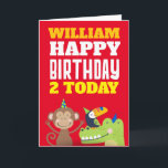 Carte Beaux Animaux Enfants N'Importe Quel Nom D'Âge Car<br><div class="desc">Salutations colorées pour un jeune enfant de n'importe quel âge avec ce design lumineux avec un mignon singe, toucan et crocodile portant des casquettes de fête sur le fond, et grande typographie audacieuse en blanc et les tons de jaune au sommet. Happy Birthday est dans une police blanche définie, et...</div>