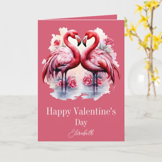 Carte Beaux Flamants roses Saint Valentin (Fleur jaune)