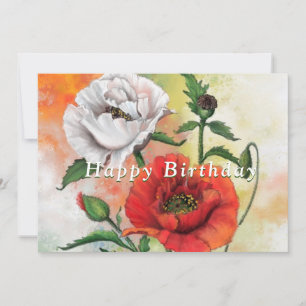 Carte Beaux pavots blancs rouges - Joyeux anniversaire -