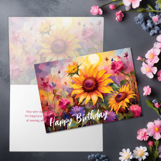 Carte Beaux Tournesols avec Fleurs Colorées Anniversaire