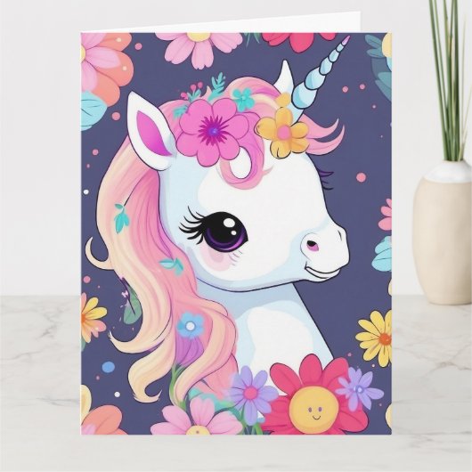 Carte Bébé blanc adorable licorne avec fleurs (Devant)