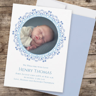Carte Bébé bleu photo mignon floral personnalisé