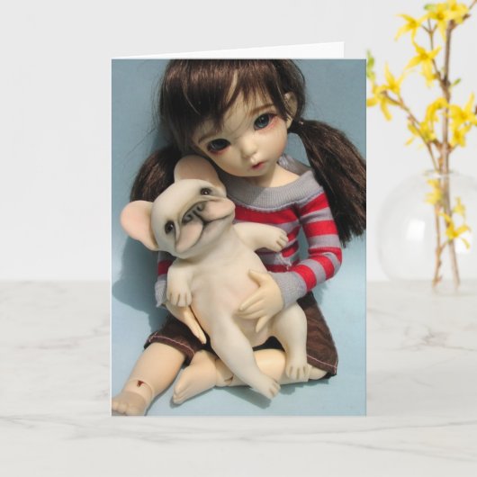Carte Bébé de bouledogue français - sculpture 2 en (Fleur jaune)