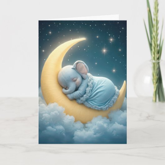 Carte Bébé Eléphant dormant sur une lune de croissant (Devant)