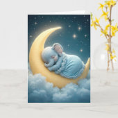 Carte Bébé Eléphant dormant sur une lune de croissant (Fleur jaune)