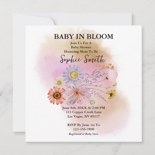 Carte Bébé en fleurs Fleur sauvage Baby shower Invitatio (Devant)