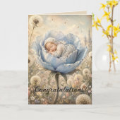 Carte Bébé endormi dans une fleur bleue Félicitations (Fleur jaune)