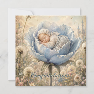 Carte Bébé endormi dans une fleur bleue Félicitations