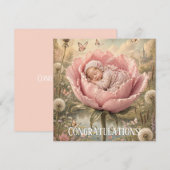 Carte Bébé endormi dans une fleur rose Félicitations (Devant / Derrière)