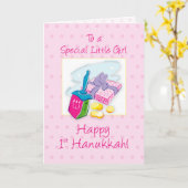 Carte Bébé fille 1er Hanoukka rose avec cadeau Dreidel (Fleur jaune)