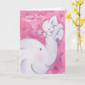 Carte Bébé fille, adorable éléphant mère et bébé (Fleur jaune)