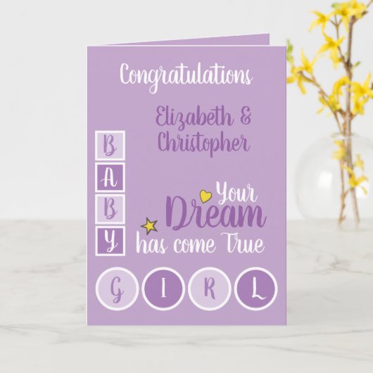 Carte Bébé Fille amour et chérir violet et jaune (Fleur jaune)