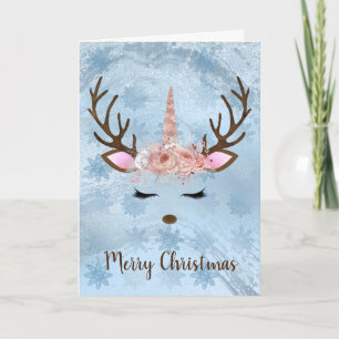 Carte Bébé fille bleu marbre licorne renne flocons de ne