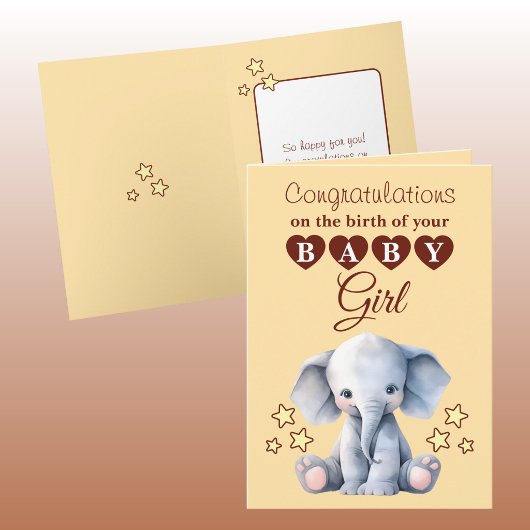 Carte Bébé fille félicitations éléphant pêche