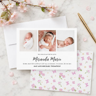 Carte Bébé Fille Nouveau-né Photo Collage simple rose fl