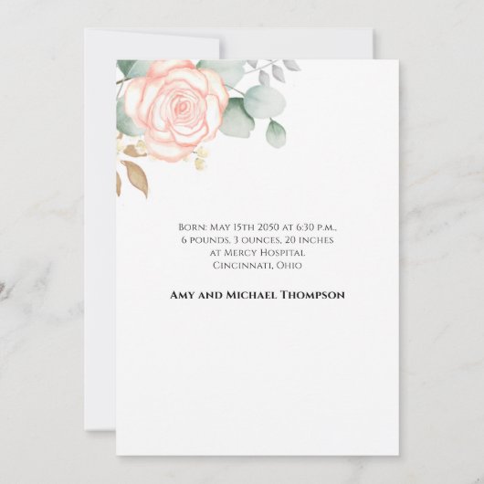 Carte Bébé Fille Simple Nouveau-né Script photo Floral r (Dos)