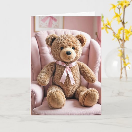 Carte Bébé Fille Teddy Ours Avec Bow Rose (Fleur jaune)