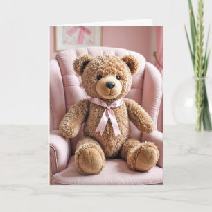 Carte Bébé Fille Teddy Ours Avec Bow Rose