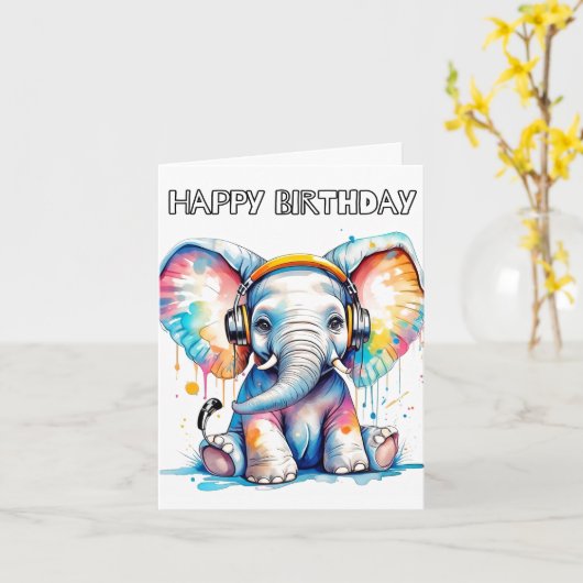 Carte Bébé mignon éléphant Joyeux anniversaire (Fleur jaune)