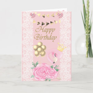 Carte Bébé Mignon Flamant Rose, Diadème, Ballons Anniver