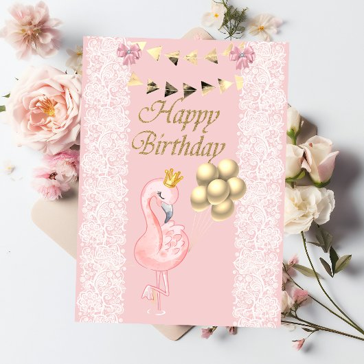 Carte Bébé mignon Flamant rose rose ballons de couronne 