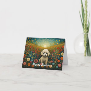 Carte Bébé mignon Poodle Flower Meadow Joyeux anniversai