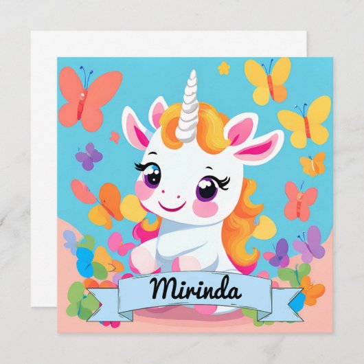 Carte Bébé mignon Unicorn Butterfly Nom personnalisé (Devant / Derrière)