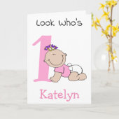 Carte Bébé mignonne caricature 1er anniversaire (Fleur jaune)