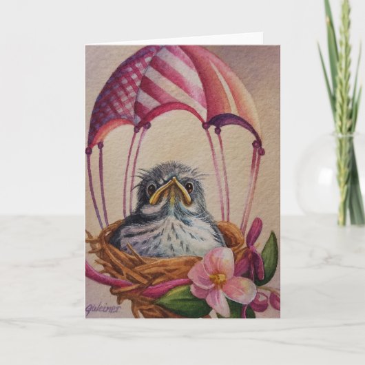 Carte Bébé Oiseau Jeune Pinson Parachute Rose Art Aquare (Devant)