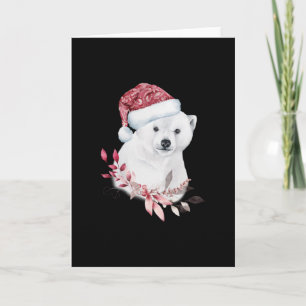 Carte Bébé ours blanc portant un chapeau de Noël