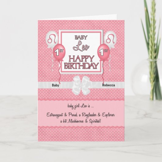 Carte Bébé rose Leo Zodiac 1er anniversaire (Devant)