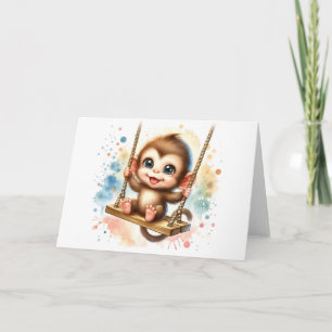 Carte Bébé Singe Adorable Aquarelle Toutes Occasions