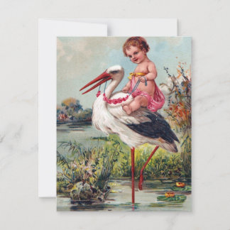 Carte Bébé vintage et cigogne