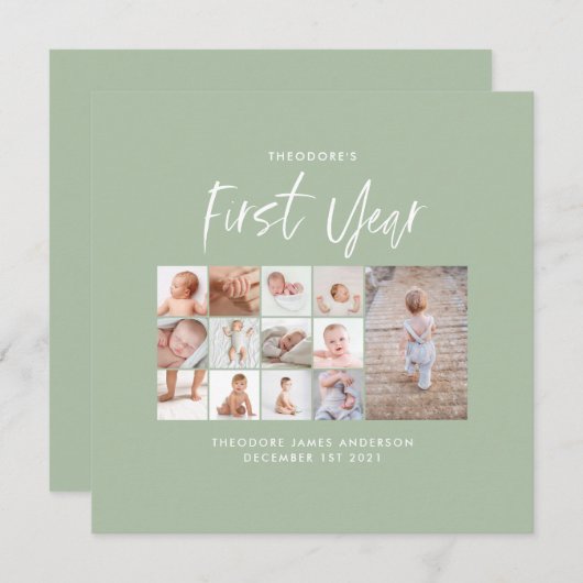 Carte Bébés first year photo collage script green (Devant / Derrière)
