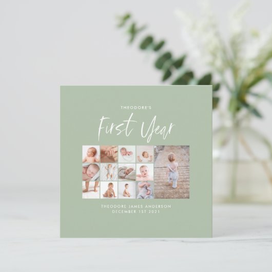 Carte Bébés first year photo collage script green (Debout devant)