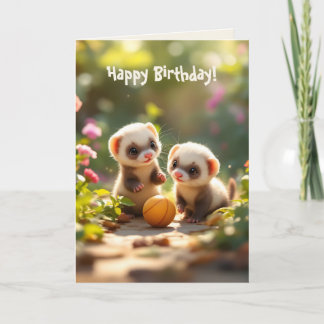 Carte Bébés furets mignons jouant avec un ballon, annive