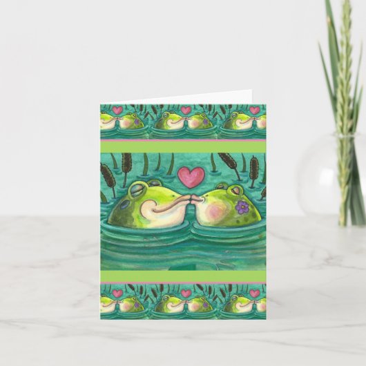CARTE BÉBÉS GRENOUILLES COLORÉS & ROMANCE ÉTANG MIGNON, (Devant)