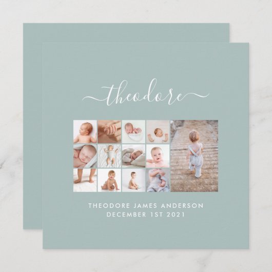 Carte Bébés première année photo collage script bleu (Devant / Derrière)