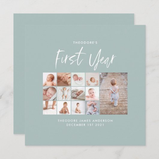 Carte Bébés première année photo collage script bleu (Devant / Derrière)