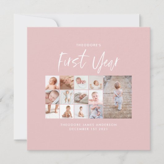 Carte Bébés première année photo collage script rose (Devant)
