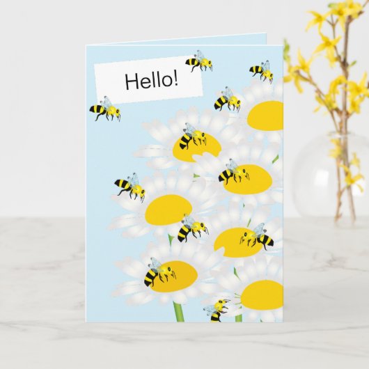 Carte Bee on Flower Greeting Card - Arrière - plan bleu (Fleur jaune)