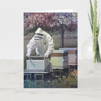 Carte Beekeeper Tending Honey Bee Boxes Watercolor Art