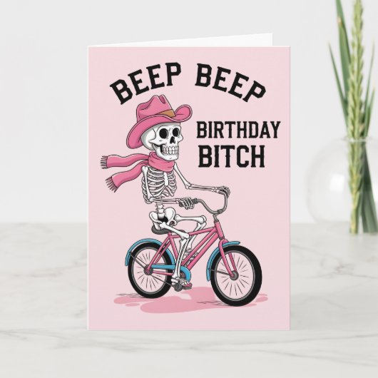 Carte Beep Beep Anniversaire Funny Pink Skeleton Bike (Devant)