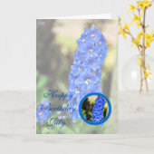 Carte Bel anniversaire bleu de fleur de pied-d'alouette (Fleur jaune)