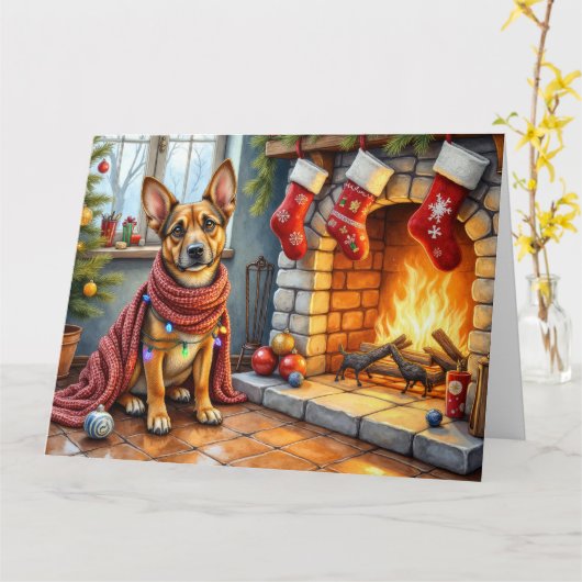 Carte Belgian Malinois Fireplace with Christmas Lights (Fleur jaune)