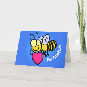 Carte Belle abeille drôle avec dessin animé du coeur