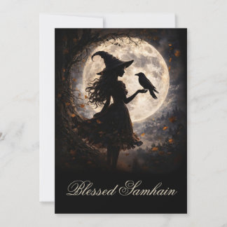 Carte Belle bénédiction de Samhain avec sorcière et corb