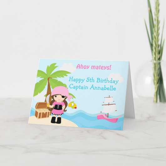Carte Belle Brunette Pirate Girl Anniversaire (Devant)