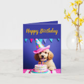 Carte Belle caniche blanche Anniversaire (Fleur jaune)