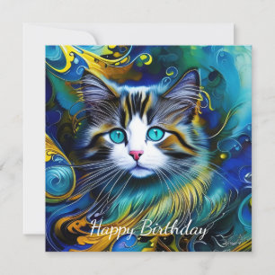 Carte Belle Chat Mystique en Blues et Golds Anniversaire